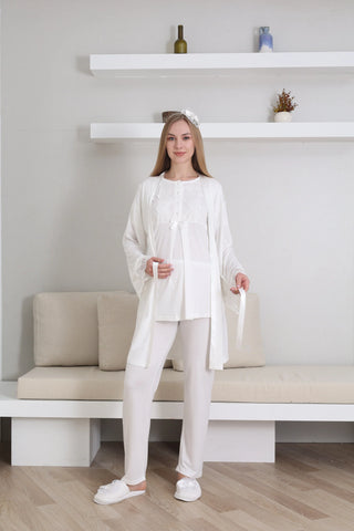 Maternity Short Sleeve Pajamas and Long Sleeve Dressing Gown Set/ Button Lace Collar and Sleeve - 3433