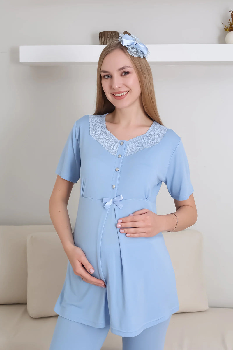 طقم بيجامة للحوامل / بيجامة بأكمام قصيرة مع روب طويل من الدانتيل / بيجامة حوامل قطنية - 3435