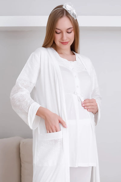 Maternity Dressing Gown and Pajama Set / Pocket Dressing Gown and Buttoned Pajama Set - 3437
