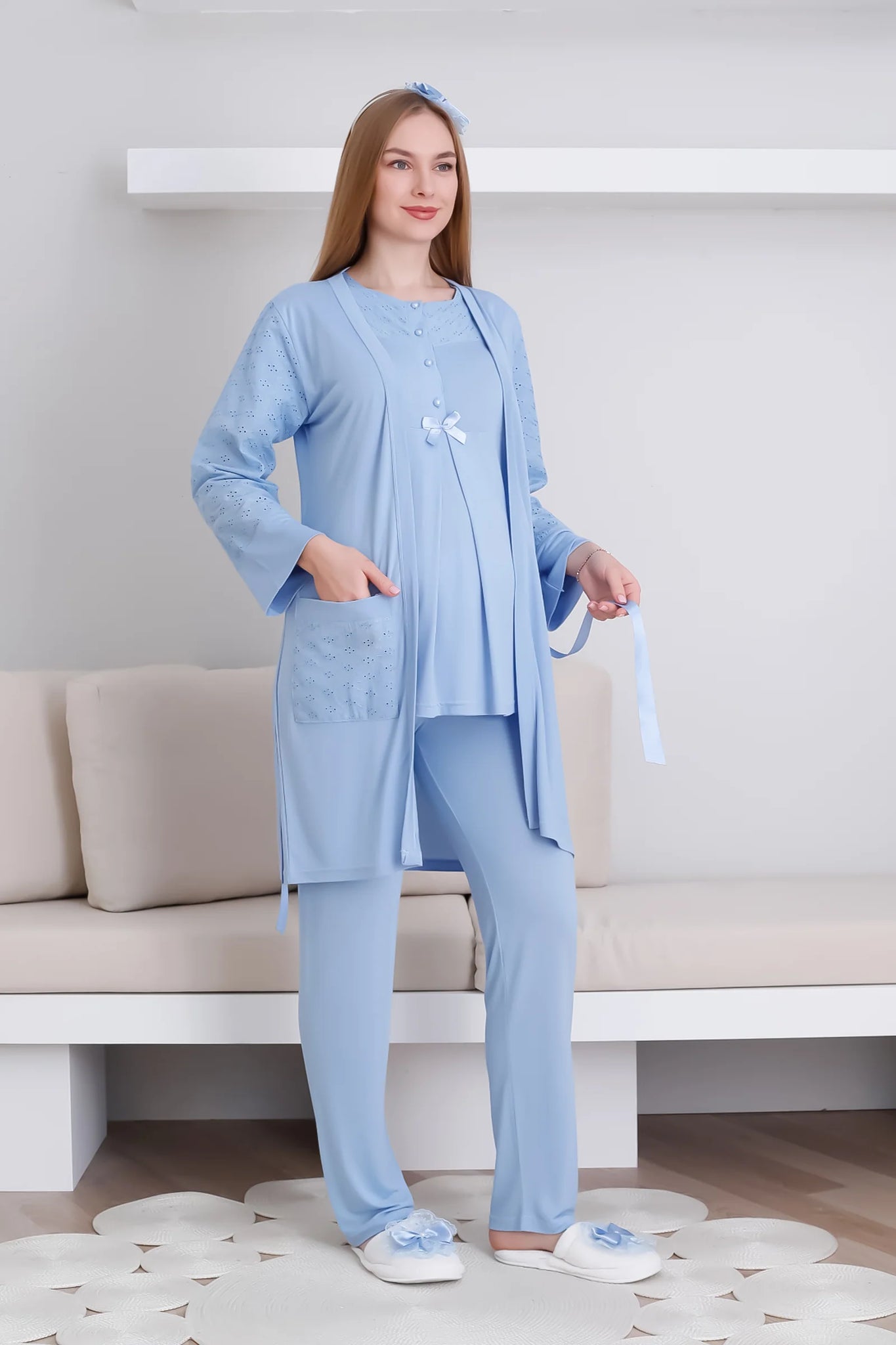 Maternity Dressing Gown and Pajama Set / Pocket Dressing Gown and Buttoned Pajama Set - 3437