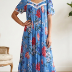 BLUE Floral Satin Ballet Nightgown(LONG) 9030