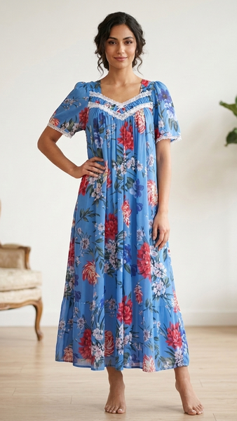 BLUE Floral Satin Ballet Nightgown(LONG) 9030