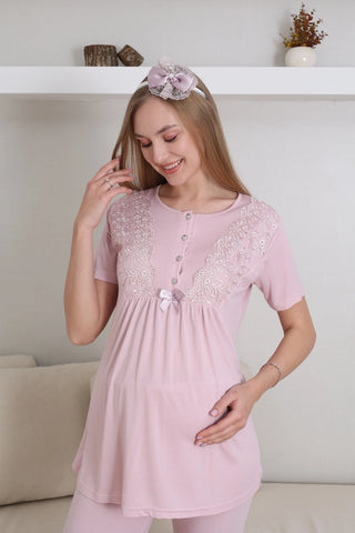 Short Sleeve Crew Neck Maternity & Postpartum Pajama Set / 3 Piece Pajamas and Dressing Gown Maternity Clothing - 3434
