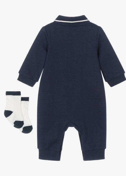 Baby Boys Blue Cotton Embroidered Cars Romper Set 25-16335