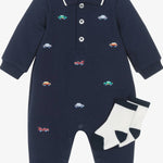 Baby Boys Blue Cotton Embroidered Cars Romper Set 25-16335