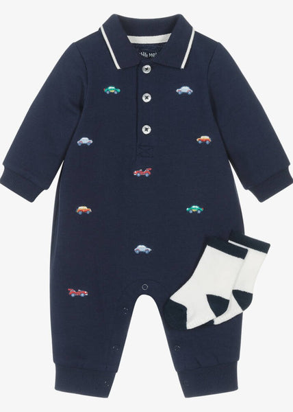 Baby Boys Blue Cotton Embroidered Cars Romper Set 25-16335