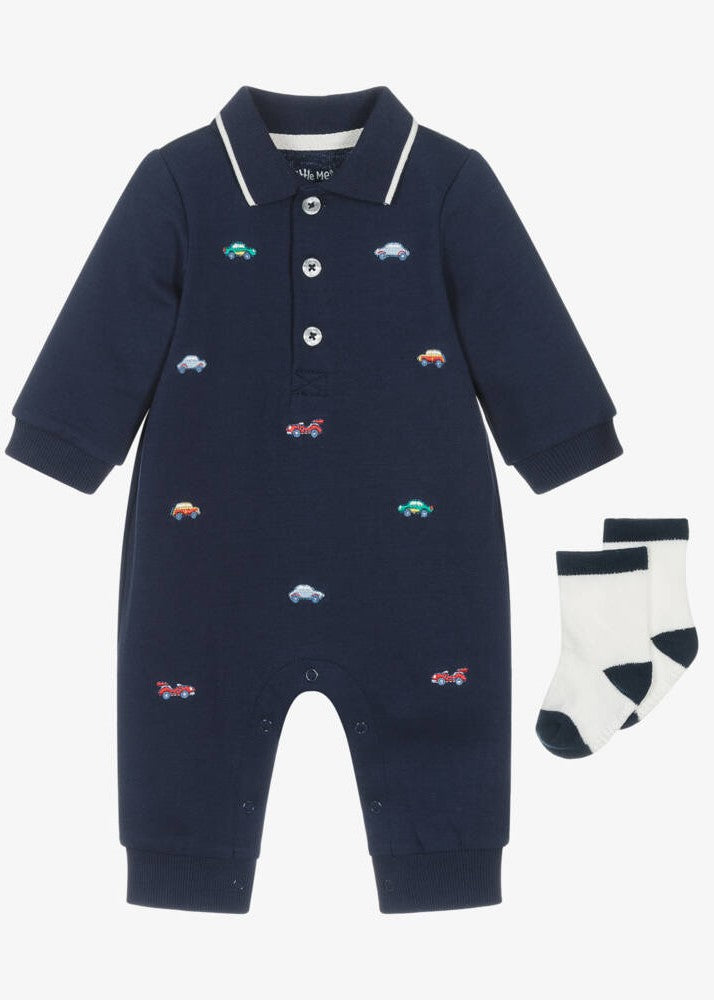 Baby Boys Blue Cotton Embroidered Cars Romper Set 25-16335