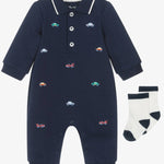 Baby Boys Blue Cotton Embroidered Cars Romper Set 25-16335