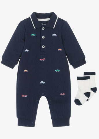 Baby Boys Blue Cotton Embroidered Cars Romper Set 25-16335