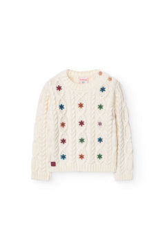 BOBOLI Solid Color Crew Neck Sweater with Cream Embroidery for Girls239048