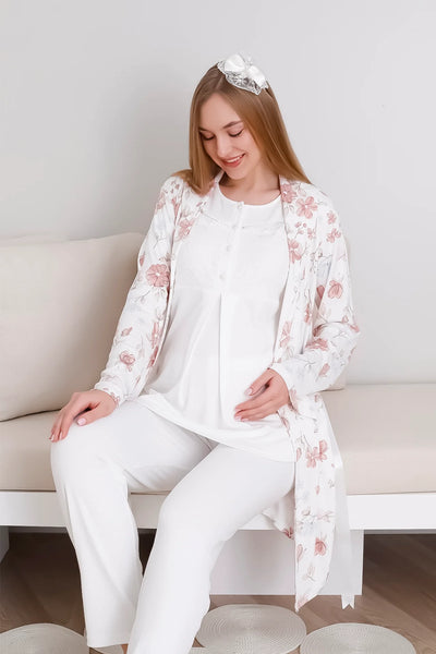 Melisa Pajama and Dressing Gown Set / 3-Piece Maternity & Pregnancy Set / Short Sleeve, Buttoned Front Pajamas - 3436