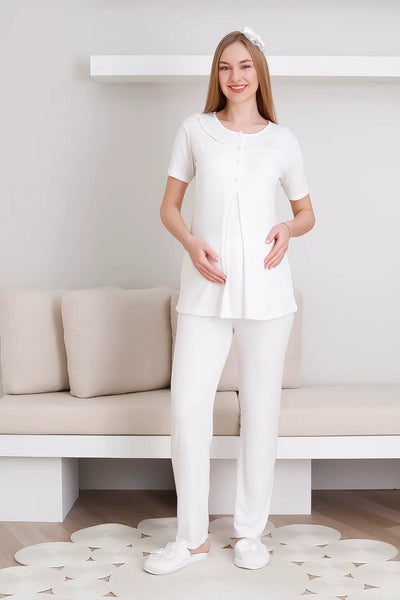 Melisa Pajama and Dressing Gown Set / 3-Piece Maternity & Pregnancy Set / Short Sleeve, Buttoned Front Pajamas - 3436