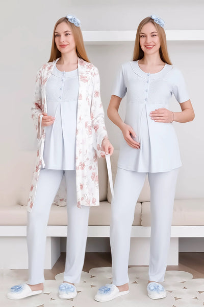 Melisa Pajama and Dressing Gown Set / 3-Piece Maternity & Pregnancy Set / Short Sleeve, Buttoned Front Pajamas - 3436