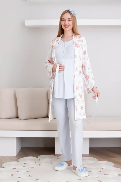Melisa Pajama and Dressing Gown Set / 3-Piece Maternity & Pregnancy Set / Short Sleeve, Buttoned Front Pajamas - 3436