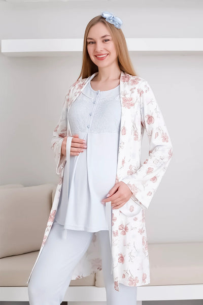 Melisa Pajama and Dressing Gown Set / 3-Piece Maternity & Pregnancy Set / Short Sleeve, Buttoned Front Pajamas - 3436