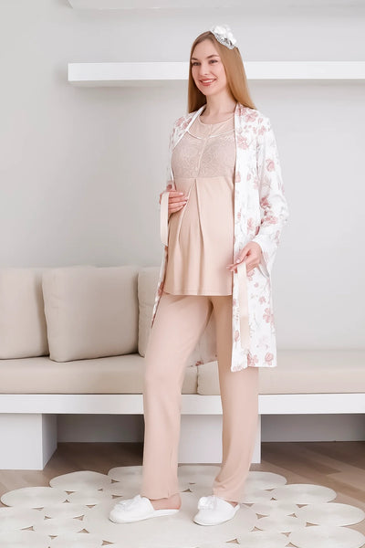 Melisa Pajama and Dressing Gown Set / 3-Piece Maternity & Pregnancy Set / Short Sleeve, Buttoned Front Pajamas - 3436