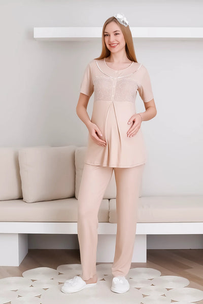 Melisa Pajama and Dressing Gown Set / 3-Piece Maternity & Pregnancy Set / Short Sleeve, Buttoned Front Pajamas - 3436