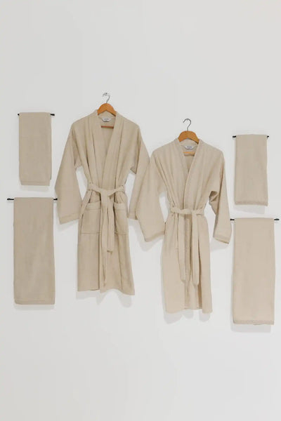 Lace Trim 6-Piece Robe Set – Women & Men | Natural