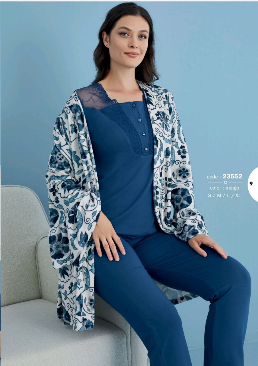 Women's cotton pajamas with a robe with a soft velvet feel 23552