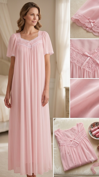 A soft and comfortable nightgown adorned with a delicate lace trim on the chest.50321
