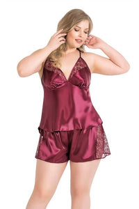 Primoda Plus Size Burgundy Satin Babydoll Shorts Set 1059