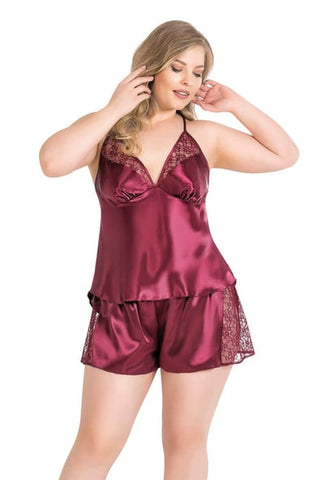 Primoda Plus Size Burgundy Satin Babydoll Shorts Set 1059