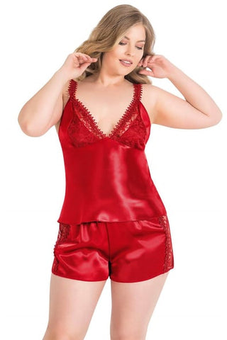 Primoda Plus Size Red Satin Babydoll Shorts Set 1066