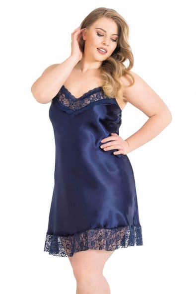 Primoda Plus Size Navy Blue Short Satin Nightgown 2062