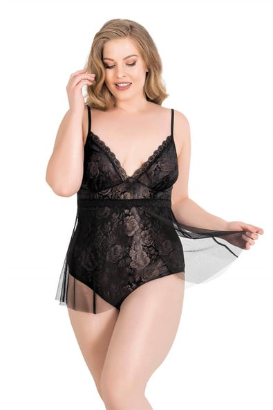 Primoda Plus Size Black Bodysuit Jacquard Nightgown 1050