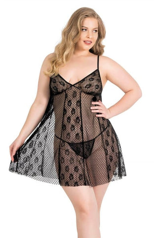 Primoda Plus Size Black Short Tulle Nightgown 3032