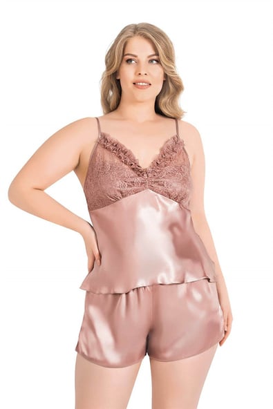 Primoda Plus Size Mink Satin Babydoll Shorts Set 1064