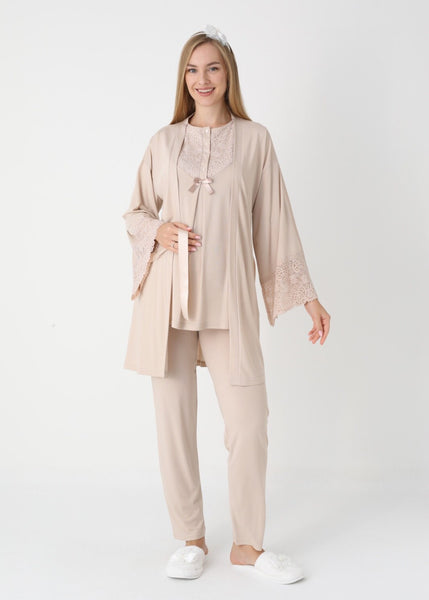 Women's Pajamas with Maternity and Nursing Robe Set Beige 25-3449