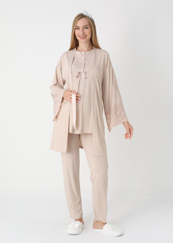 Women's Pajamas with Maternity and Nursing Robe Set Beige 25-3449