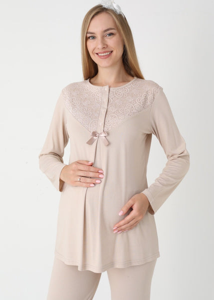 Women's Pajamas with Maternity and Nursing Robe Set Beige 25-3449