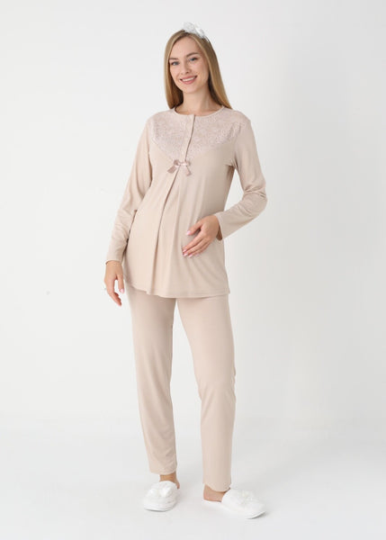 Women's Pajamas with Maternity and Nursing Robe Set Beige 25-3449