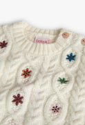 BOBOLI Solid Color Crew Neck Sweater with Cream Embroidery for Girls239048
