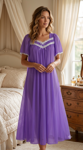 A soft and comfortable nightgown adorned with a delicate lace trim on the chest.50321