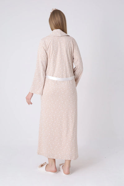 Maternity Nightgown and Robe Set – Postpartum Set, Leaf Pattern Robe and Lace Cotton Viscose Nightgown - 2321