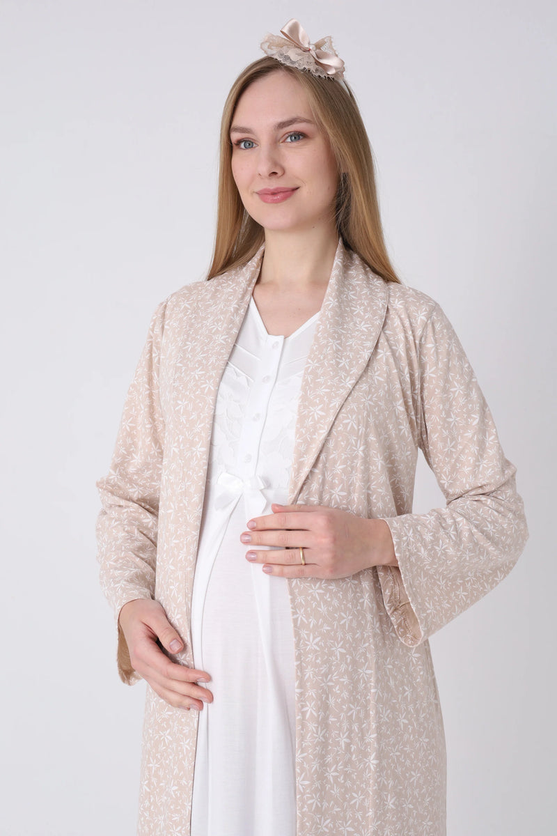 Maternity Nightgown and Robe Set – Postpartum Set, Leaf Pattern Robe and Lace Cotton Viscose Nightgown - 2321