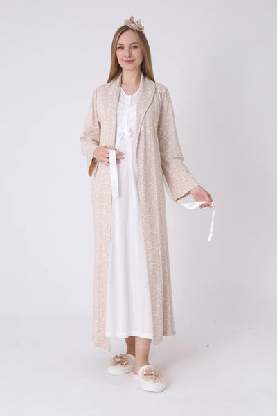 Maternity Nightgown and Robe Set – Postpartum Set, Leaf Pattern Robe and Lace Cotton Viscose Nightgown - 2321