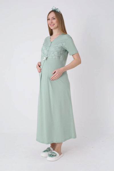 Maternity Nightgown and Robe Set – Postpartum Set, Leaf Pattern Robe and Lace Cotton Viscose Nightgown - 2321