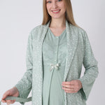 Maternity Nightgown and Robe Set – Postpartum Set, Leaf Pattern Robe and Lace Cotton Viscose Nightgown - 2321