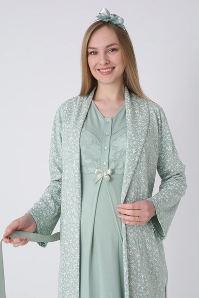 Maternity Nightgown and Robe Set – Postpartum Set, Leaf Pattern Robe and Lace Cotton Viscose Nightgown - 2321