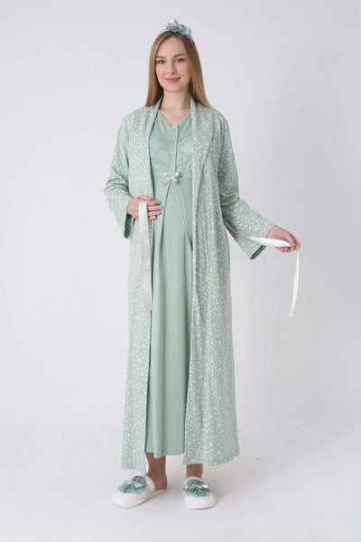 Maternity Nightgown and Robe Set – Postpartum Set, Leaf Pattern Robe and Lace Cotton Viscose Nightgown - 2321