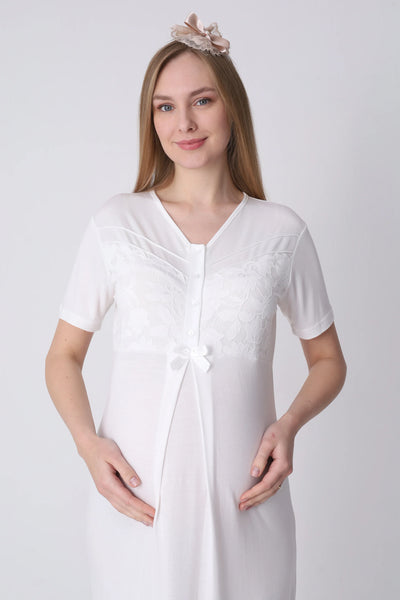 Maternity Nightgown and Robe Set – Postpartum Set, Leaf Pattern Robe and Lace Cotton Viscose Nightgown - 2321