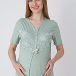 Maternity Nightgown and Robe Set – Postpartum Set, Leaf Pattern Robe and Lace Cotton Viscose Nightgown - 2321