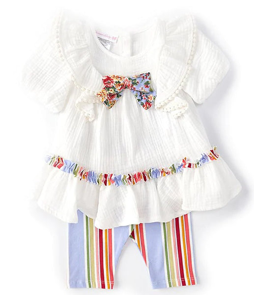 Baby Girls Newborn-24 Months Short Sleeve Pinafore Ruffle Gauze Top & Striped Capri Legging 2-Piece Set