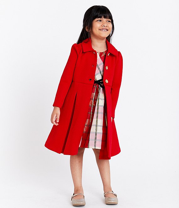 Little Girls 2T-6X Textured-Knit Coat & Metallic-Plaid Taffeta Fit-And-Flare Dress Set 32670