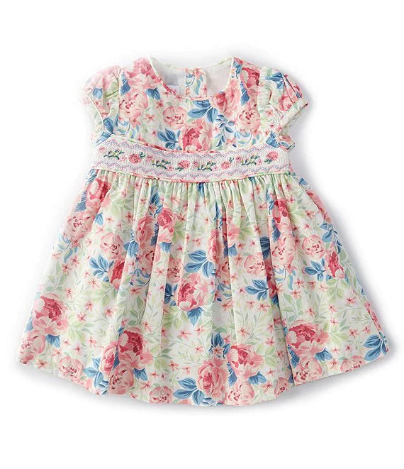 Baby Girls Newborn-24 Puff Short-Sleeve Empire Embroidered Waist Floral Printed Poplin Dress