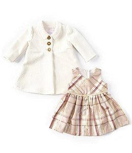 Baby Girls 3-18 Months Long-Sleeve Jacquard-Knit Coat & Sleeveless Metallic-Plaid Taffeta Fit-And-Flare Dress Set